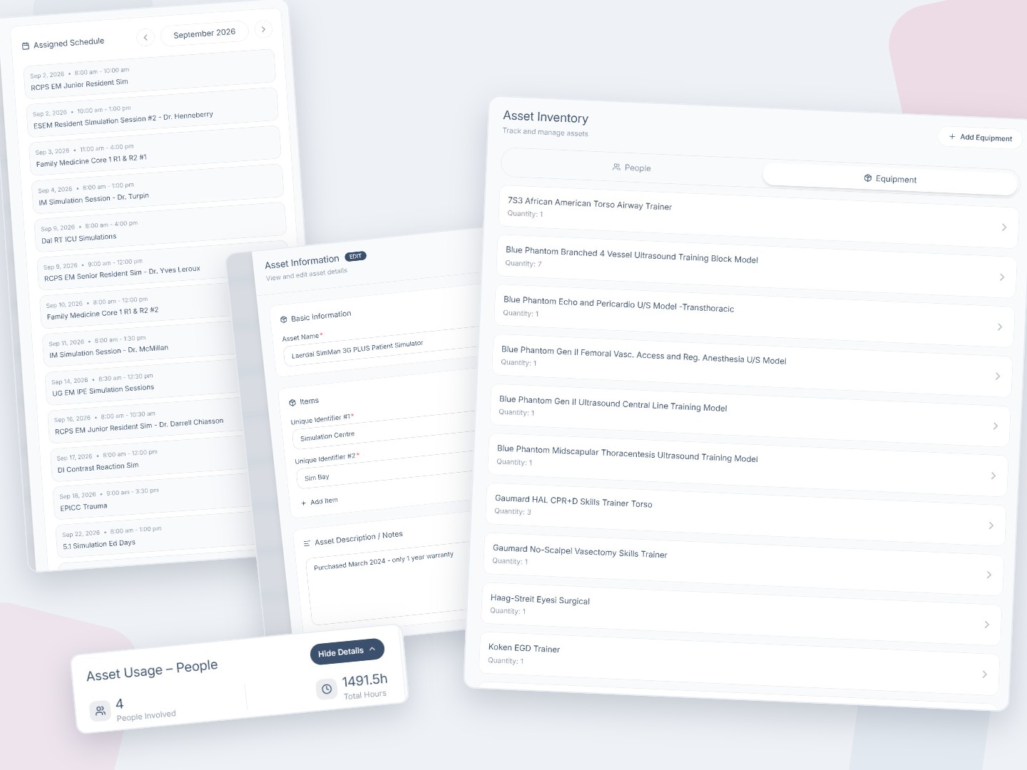 theSimCal asset inventory, an asset record, and a staff member's assigned schedule