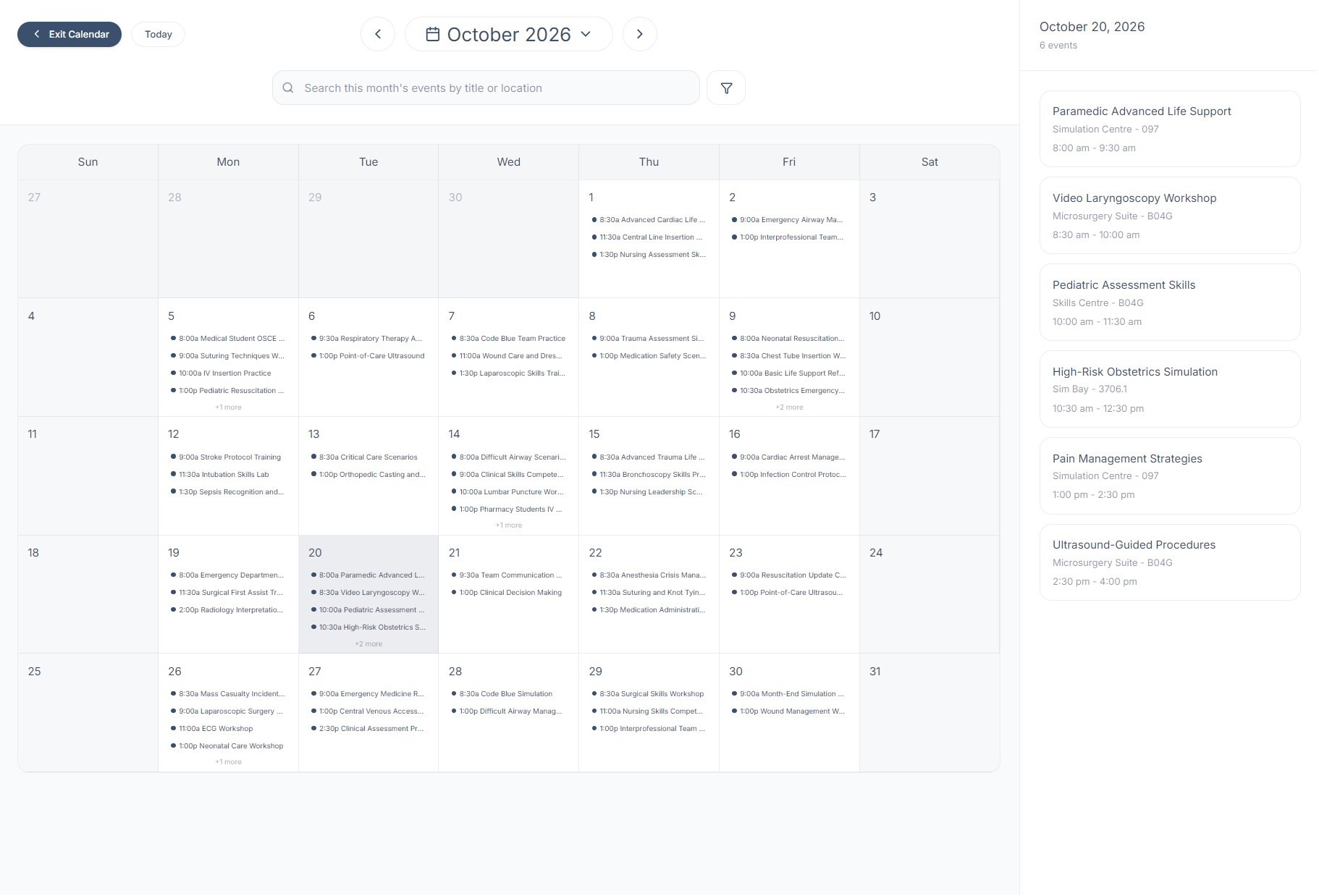 The calendar month view with a day's events listed in a panel on the right