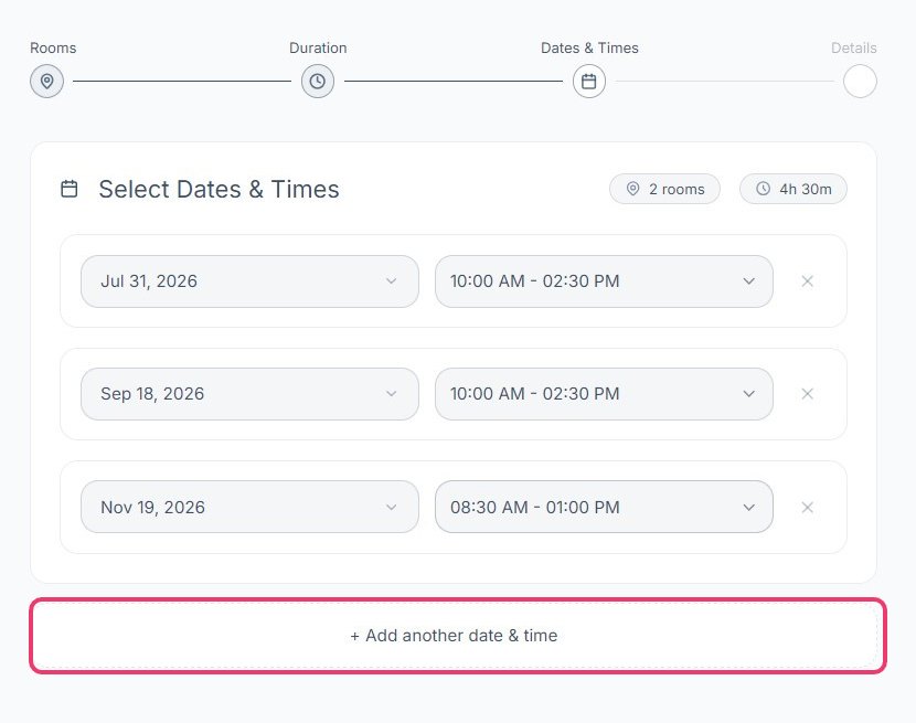 Adding multiple dates and times, with the add button highlighted