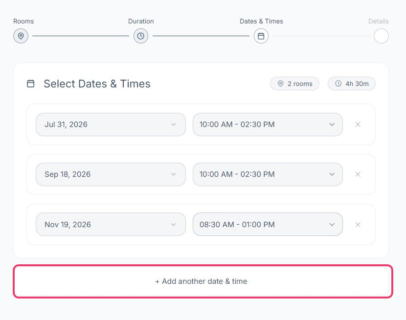 Adding multiple dates and times, with the add button highlighted