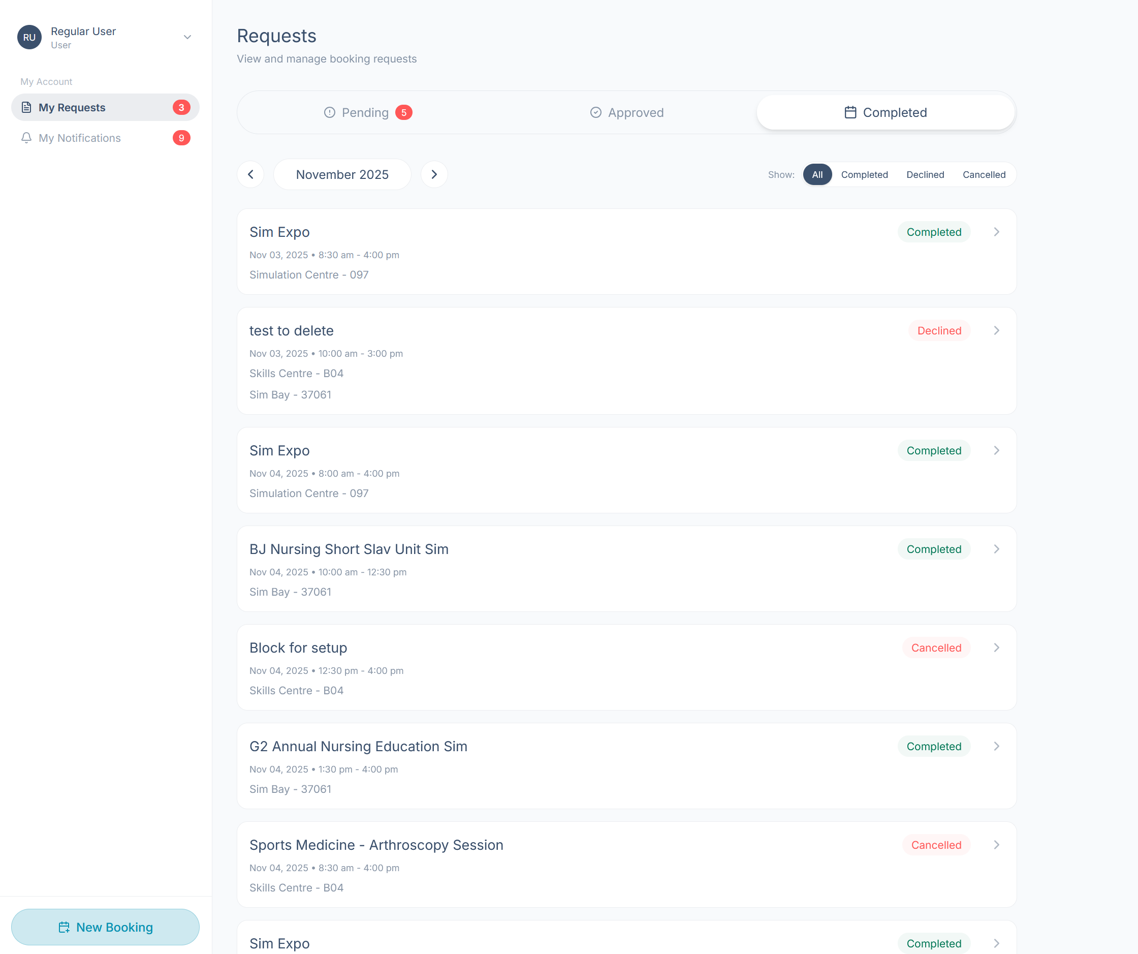 The Completed tab with the Show filter