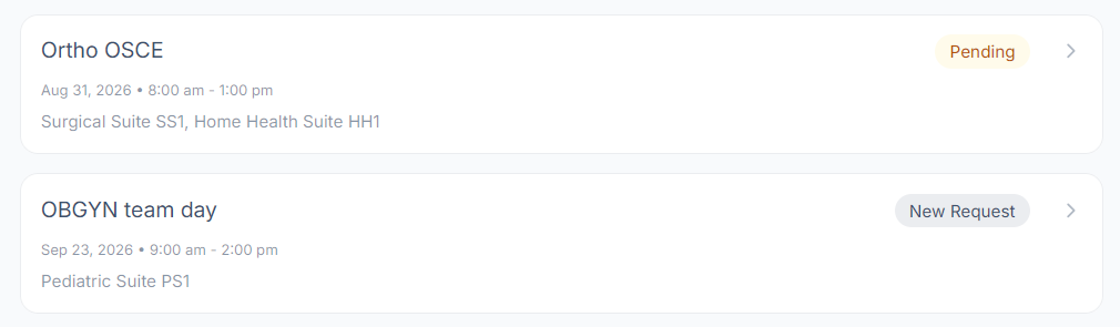 Two requests in the Pending tab, one badged Pending and one badged New Request