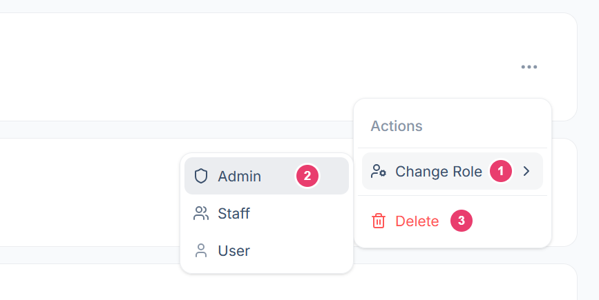 The Actions menu on an account with Change Role, the role list, and Delete numbered