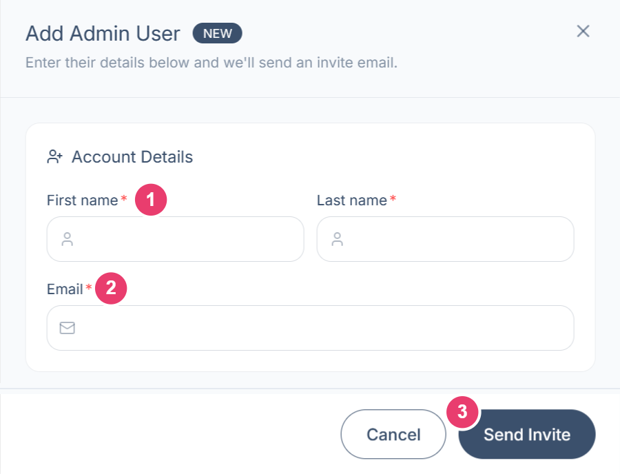 The Add Admin User panel with First name, Email, and Send Invite numbered