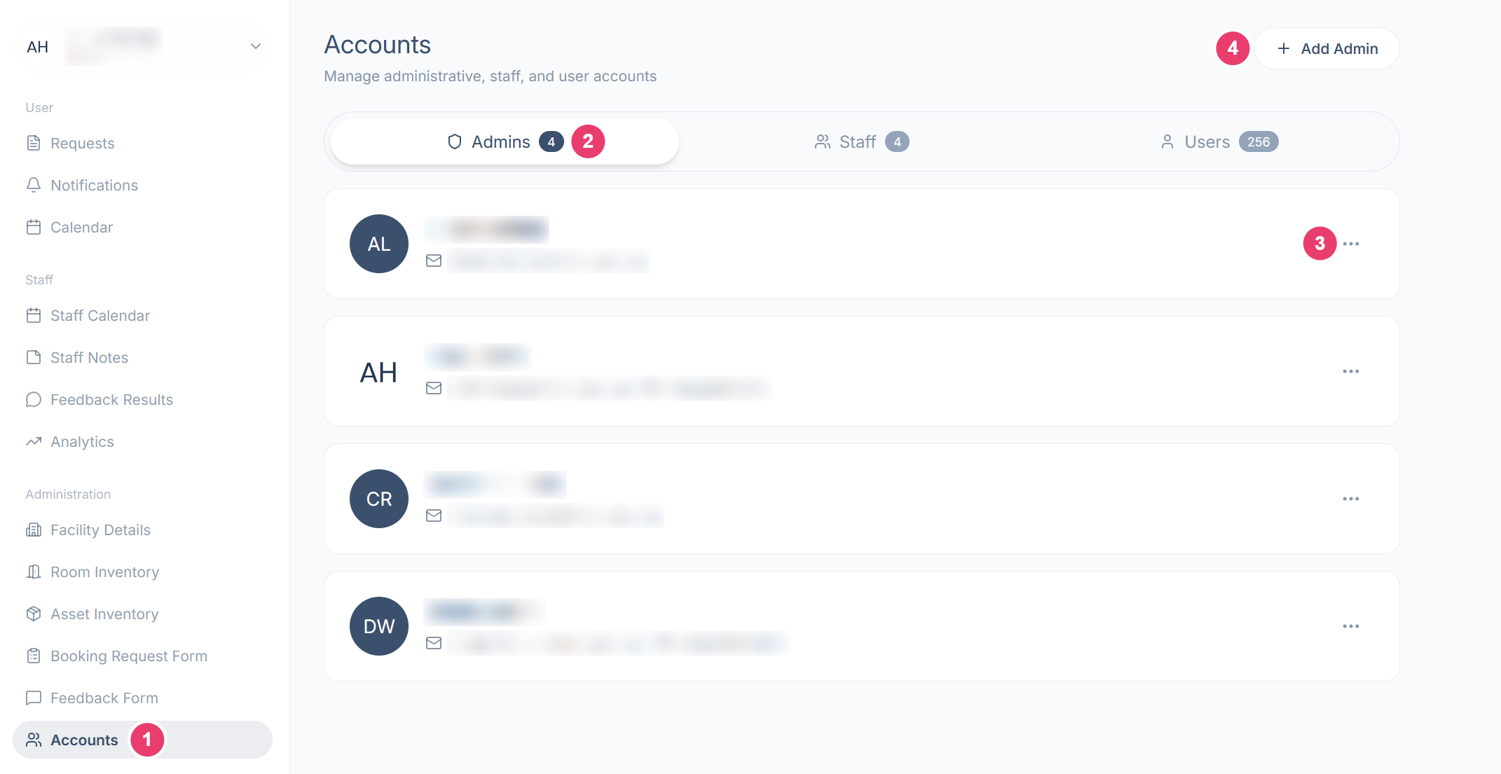 The Accounts screen on the Admins tab with each area numbered: the sidebar item, the role tabs, the actions menu on an account, and Add Admin
