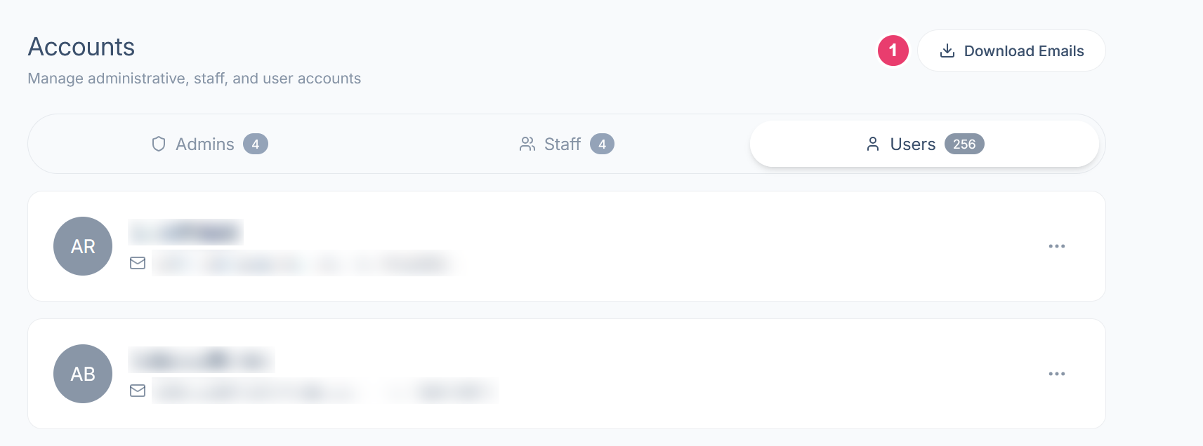 The Users tab with the Download Emails button numbered