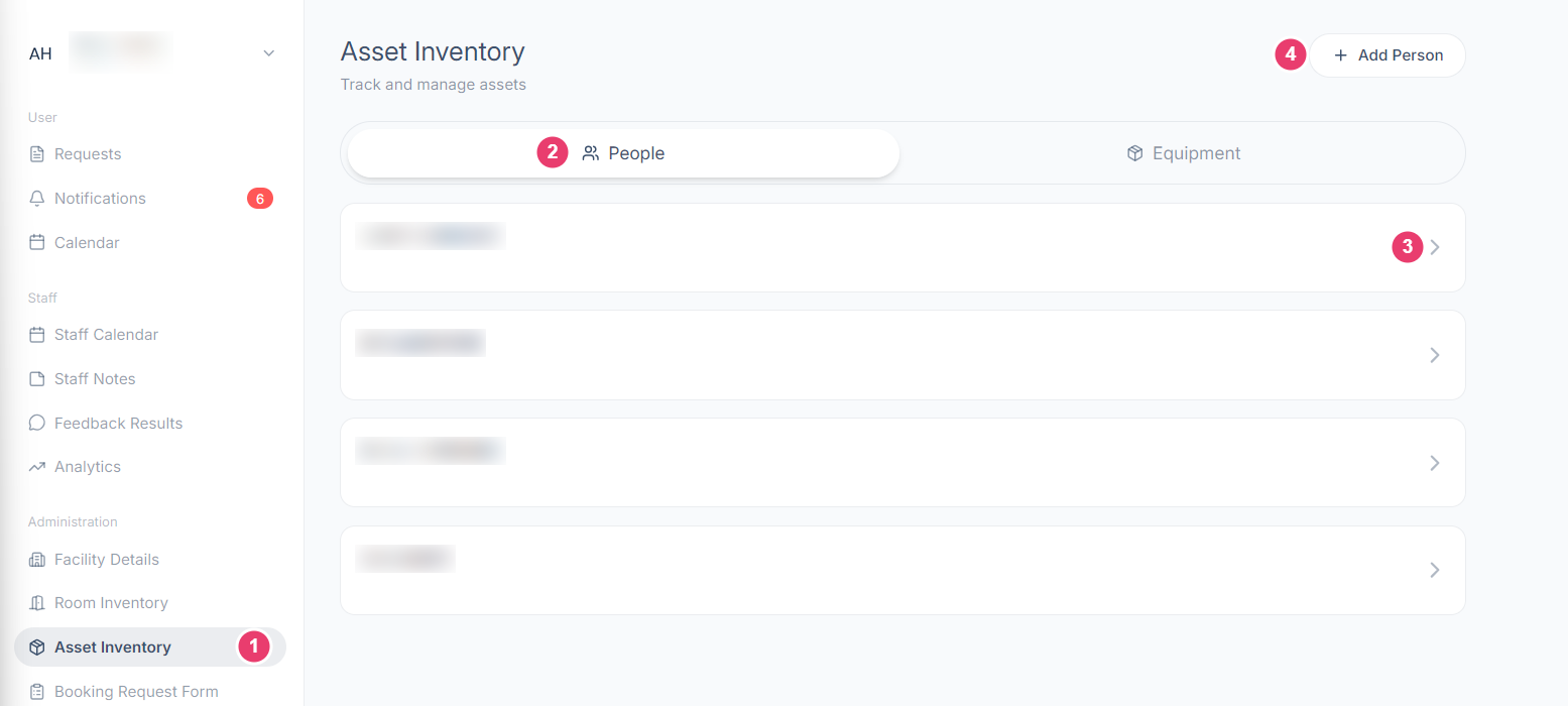 The Asset Inventory screen on the People tab with each area numbered, showing four people listed