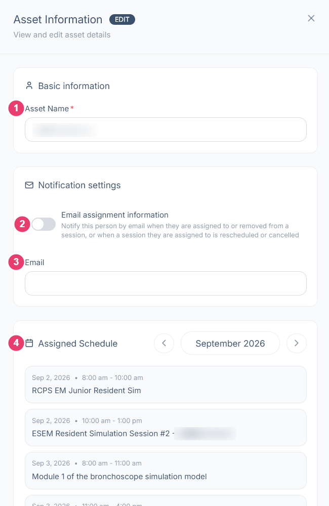 The Asset Information panel for a person with each area numbered: name, the email assignment switch, email address, and assigned schedule for September 2026