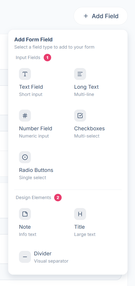 The Add Form Field menu with Input Fields and Design Elements numbered