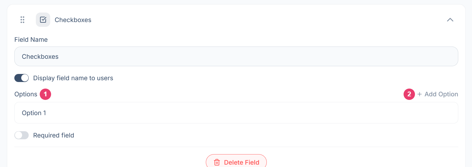 A Checkboxes field’s settings with the Options list and Add Option numbered