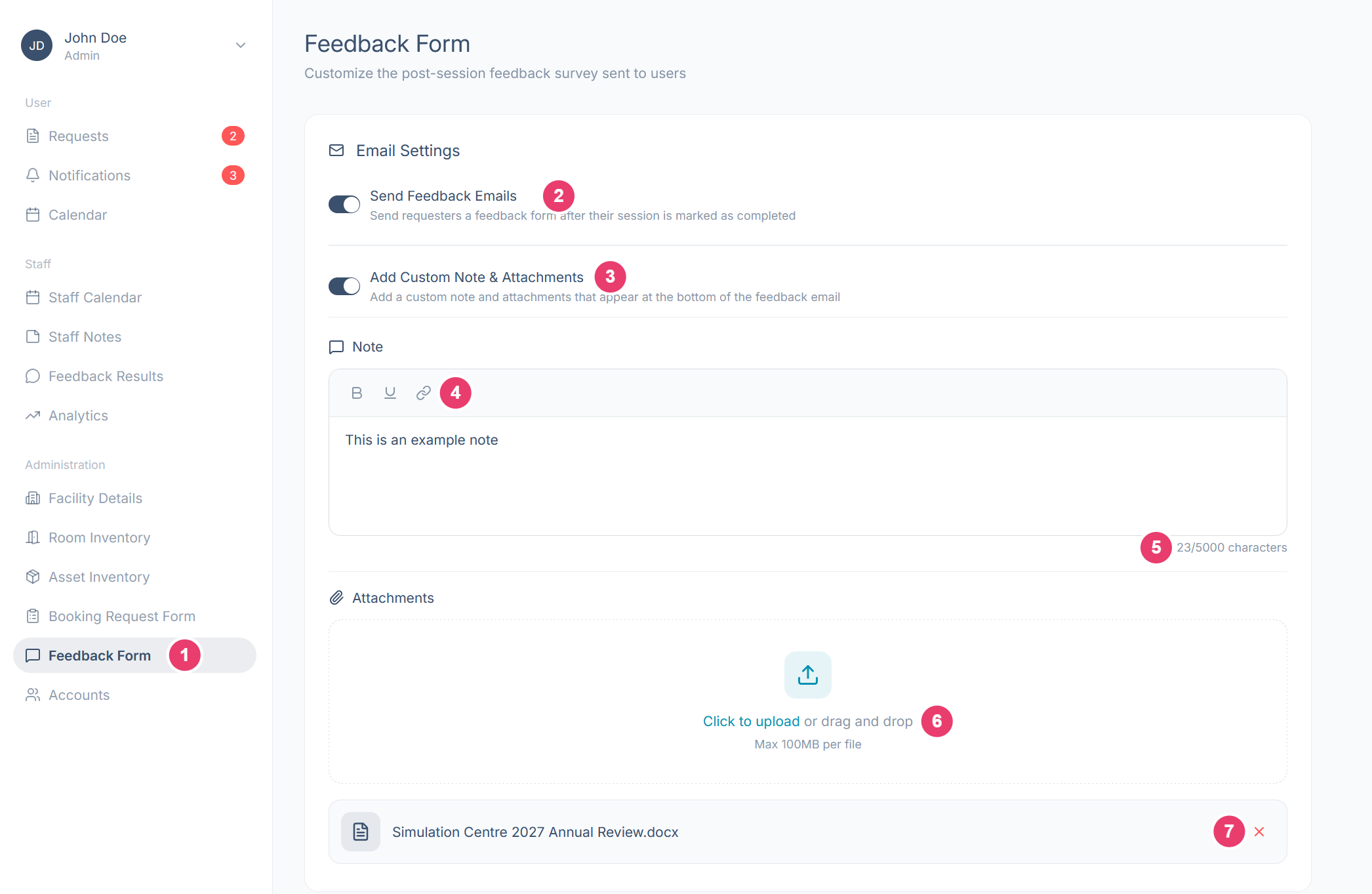 The Feedback Form screen with each area numbered: the sidebar item, Send Feedback Emails, Add Custom Note and Attachments, the note formatting toolbar, the character count, the upload area, and the remove button on an attached file