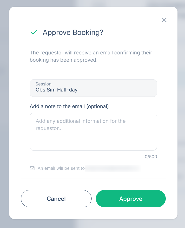 The Approve Booking confirmation box with an optional note