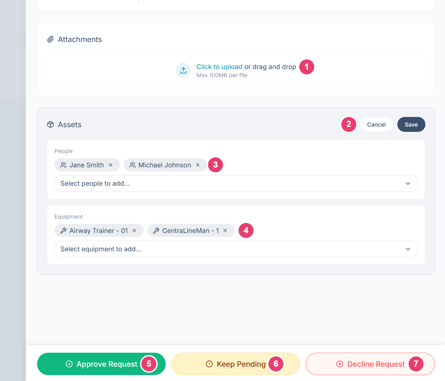 The lower part of an open request with Attachments, the Assets section with people and equipment, and the Approve, Keep Pending and Decline buttons numbered