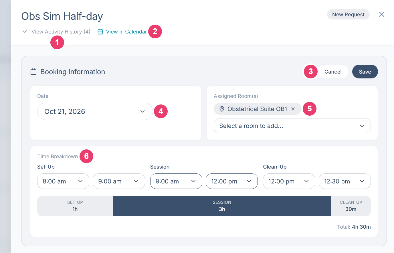 An open request with Booking Information in edit mode, with activity history, View in Calendar, Save and Cancel, date, assigned rooms and time breakdown numbered