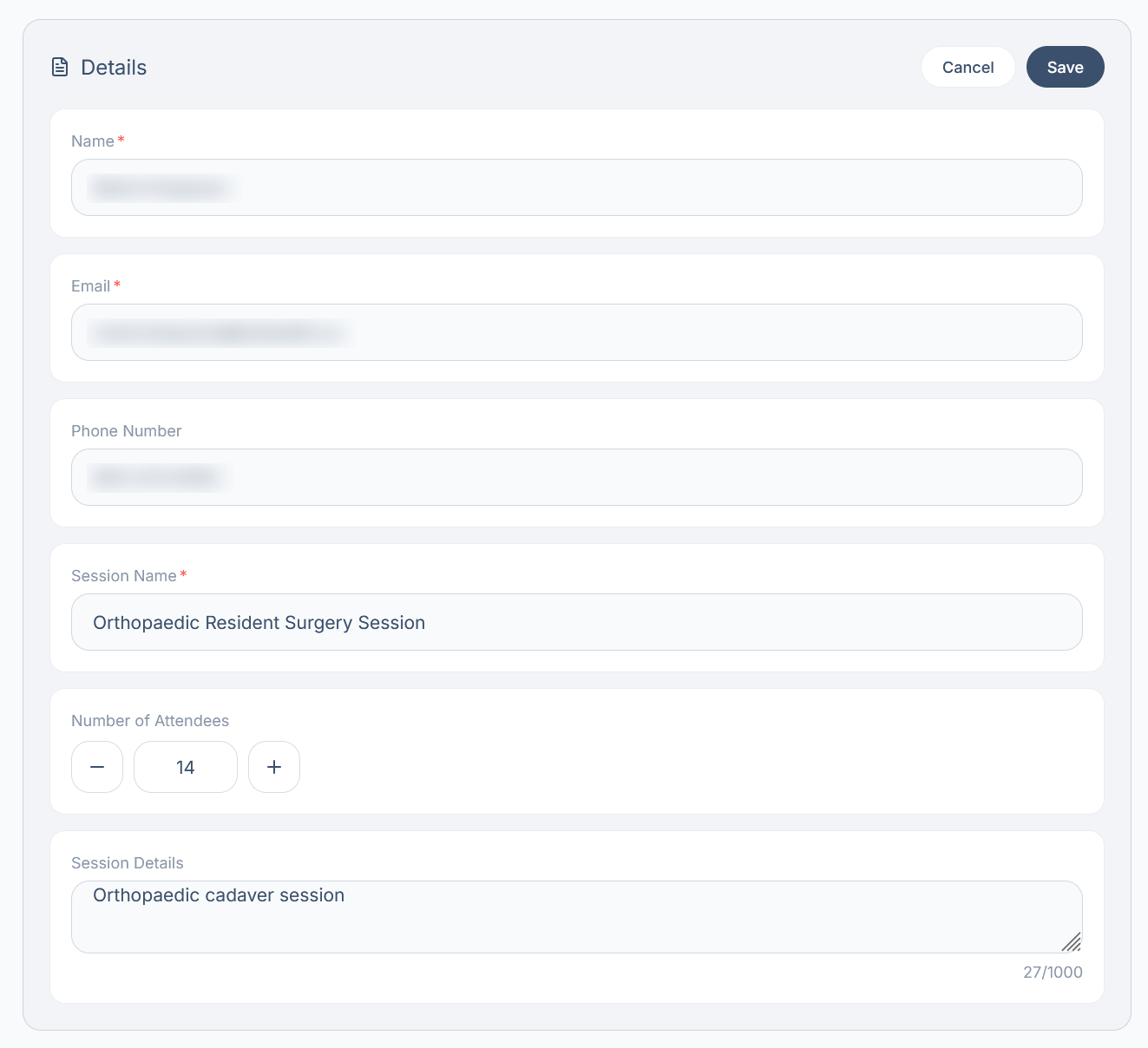 The Details section in edit mode, with name, email, phone number, session name, number of attendees and session details