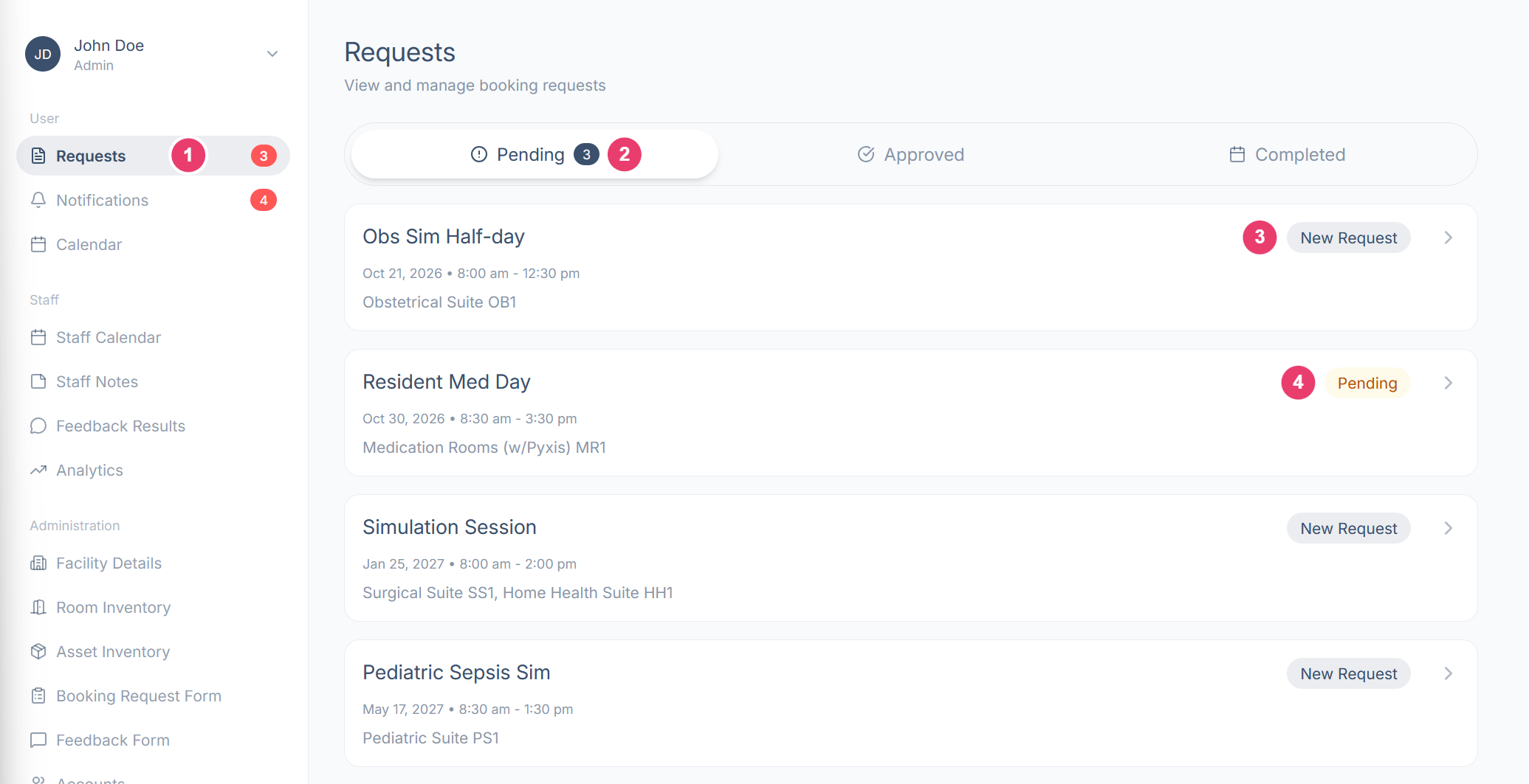 The Requests screen with the sidebar badge, the Pending tab, a New Request badge and a Pending badge numbered