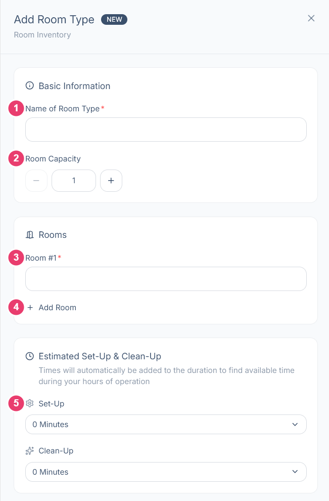 The Add Room Type panel with each field numbered: name, capacity, room number, Add Room, and set-up and clean-up times