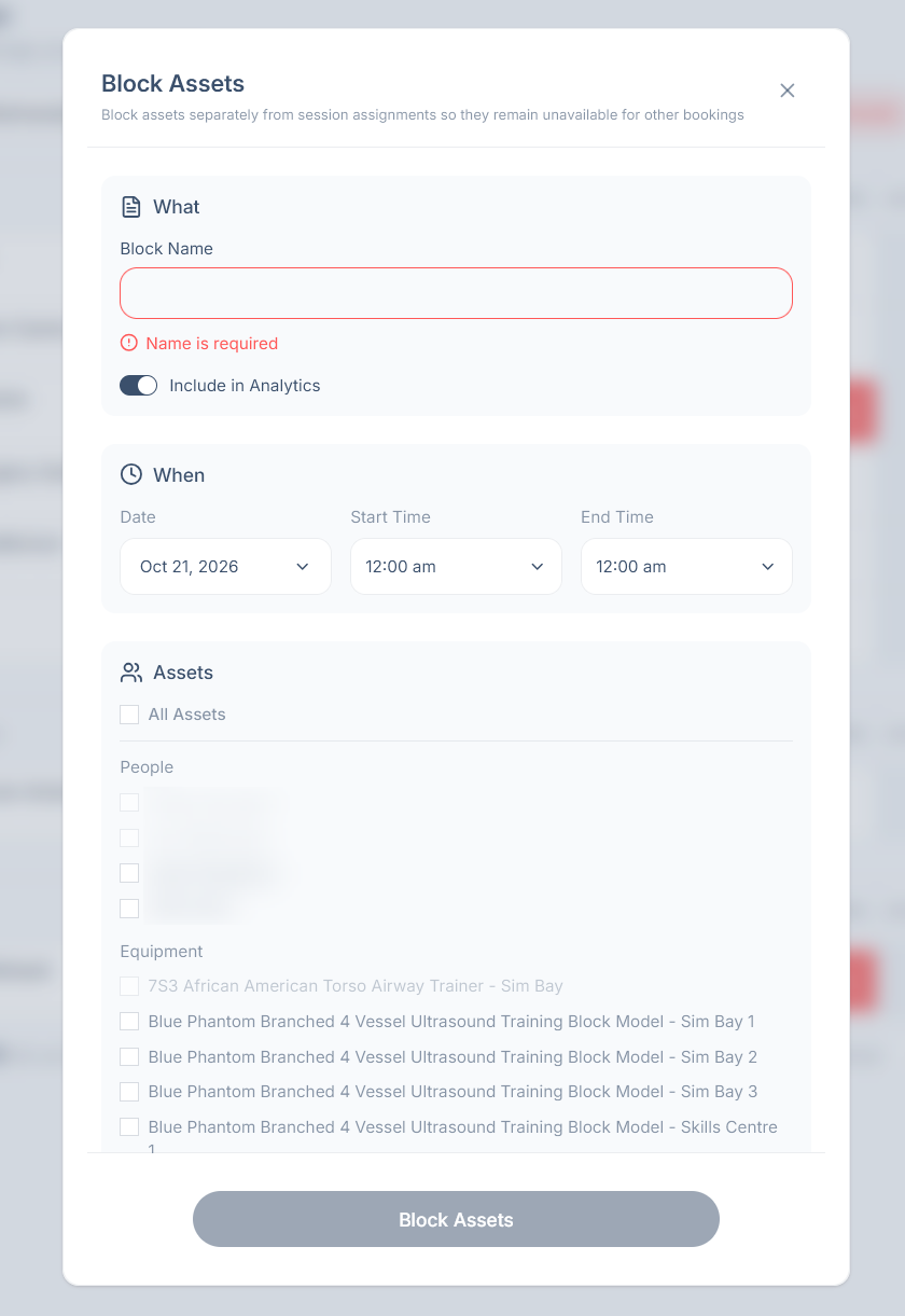 The Block Assets dialog with name, analytics toggle, times, and checkboxes for people and equipment
