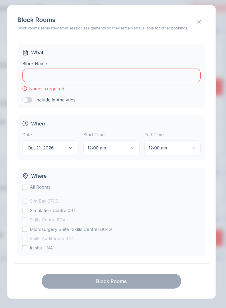 The Block Rooms dialog with name, analytics toggle, times, and checkboxes for rooms