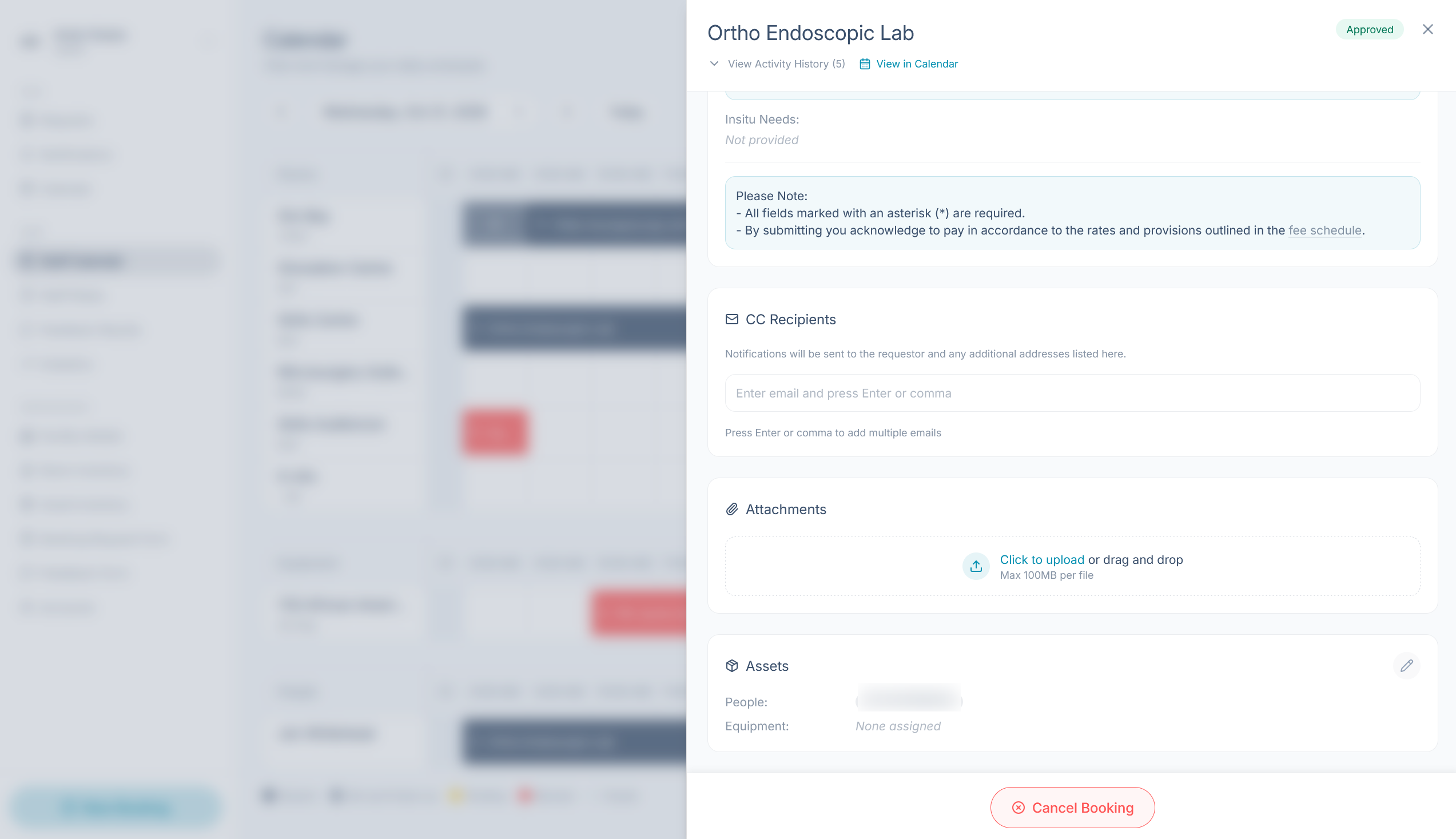Lower in the booking panel, the CC Recipients, Attachments and Assets sections, with one person assigned and no equipment
