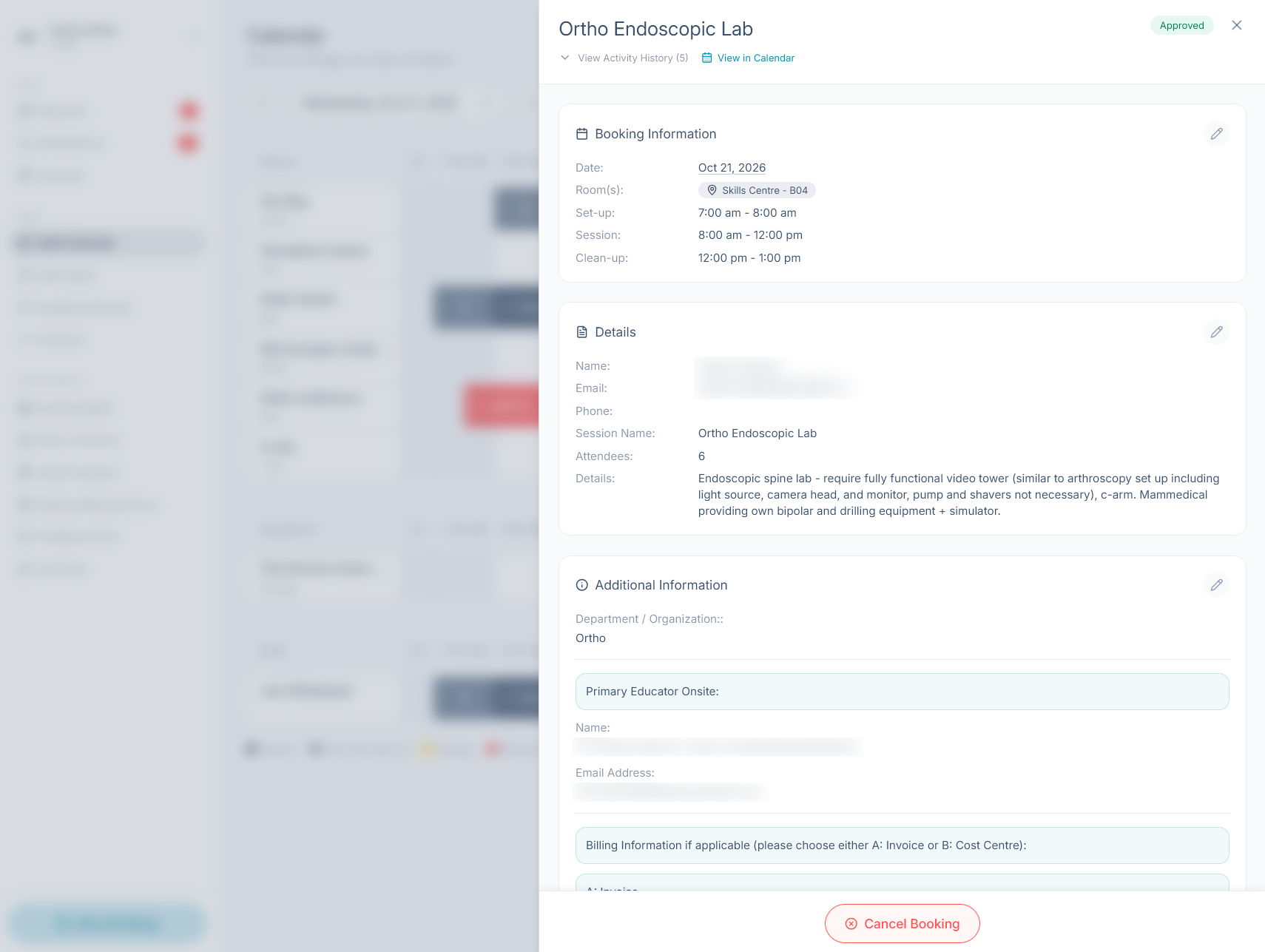 The booking panel showing Booking Information, Details and Additional Information sections with edit icons