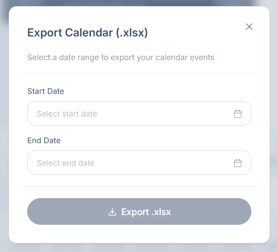 The Export Calendar dialog asking for a start date and an end date