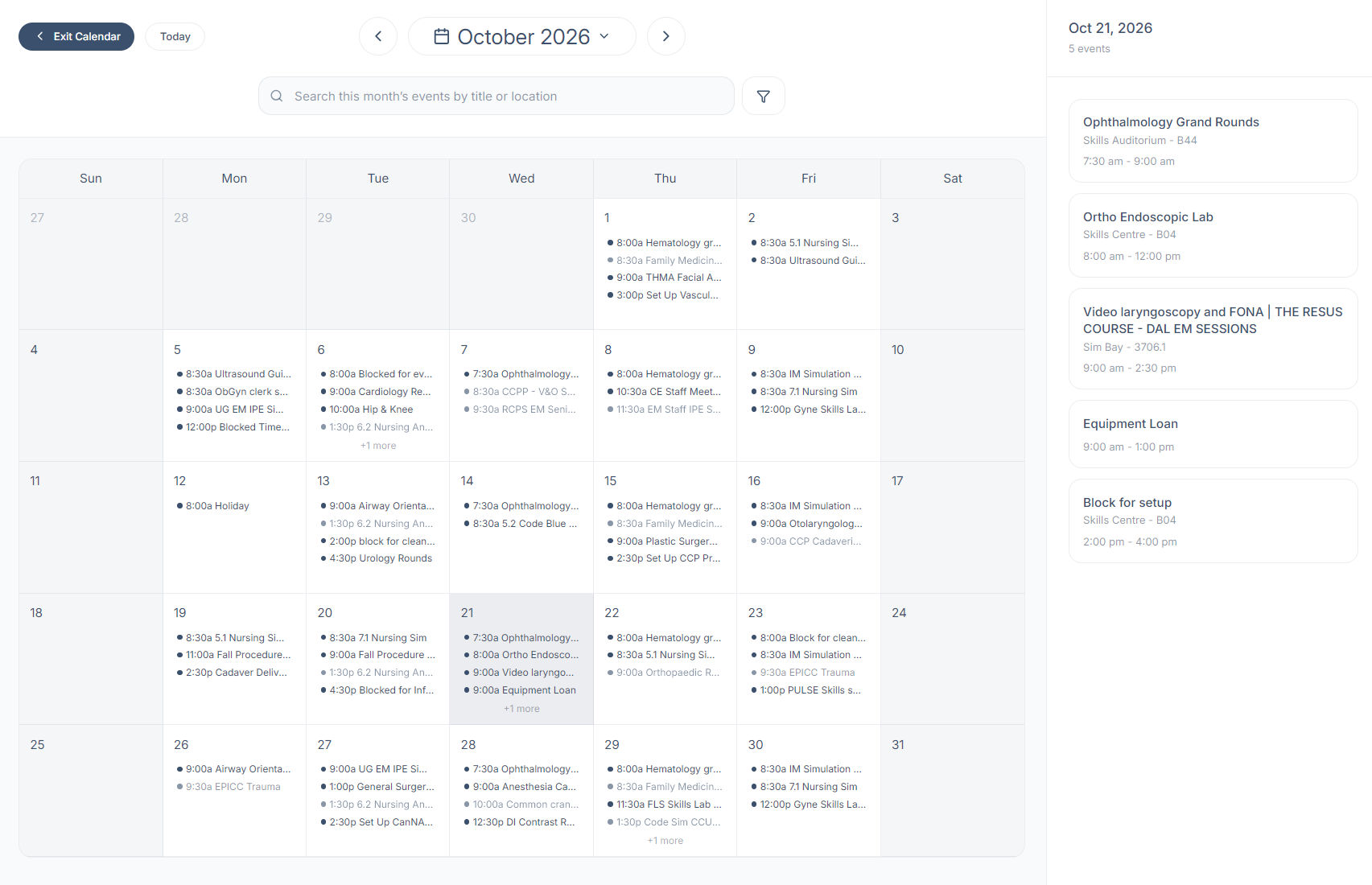 The public Calendar month view with a day's events listed in a panel on the right