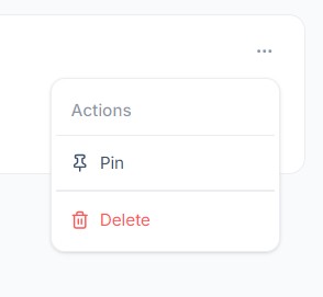 The Actions menu on a note, offering Pin and Delete