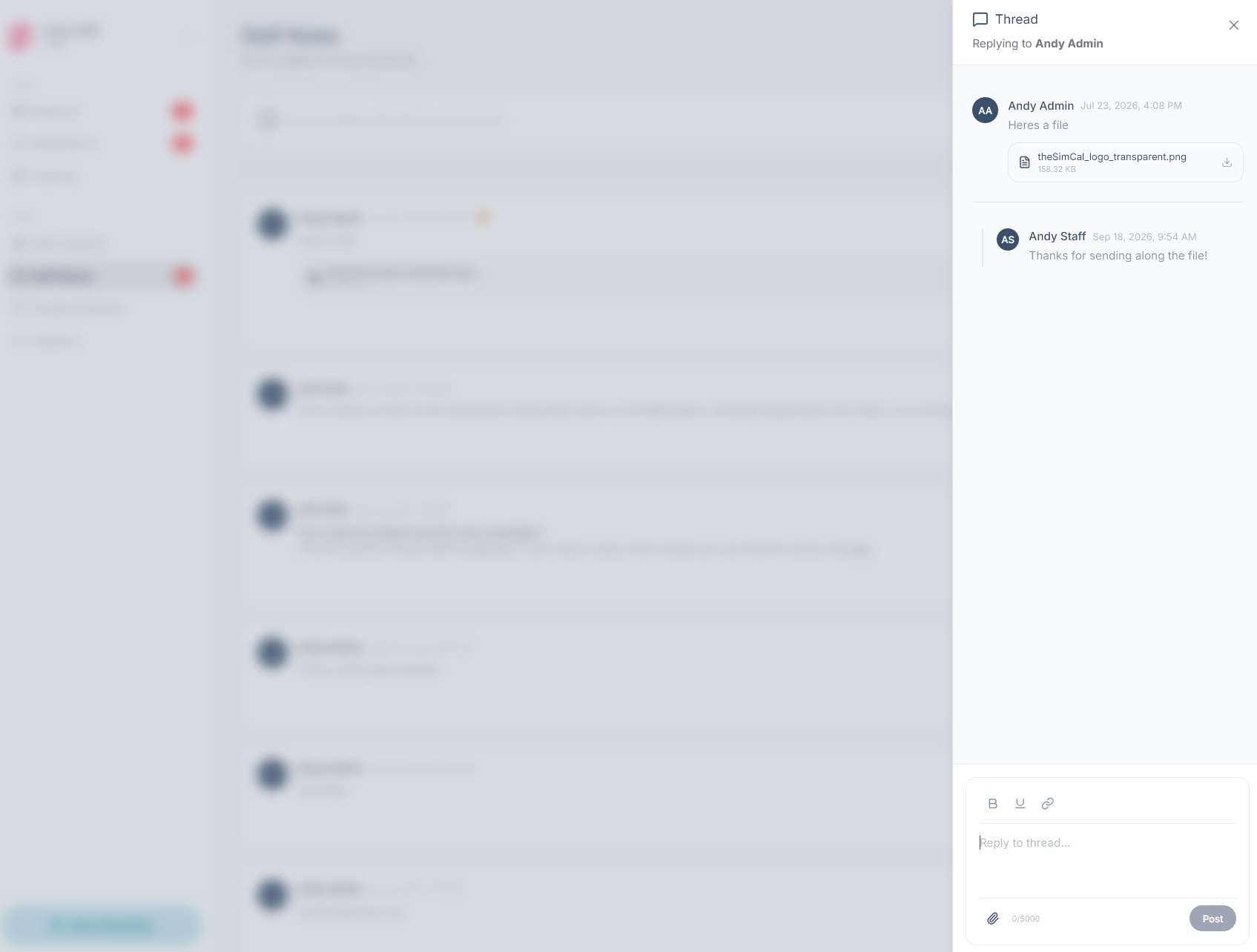 The Thread panel open on the right of the Staff Notes screen, showing the original note with its attachment, one reply beneath it, and a reply box at the bottom